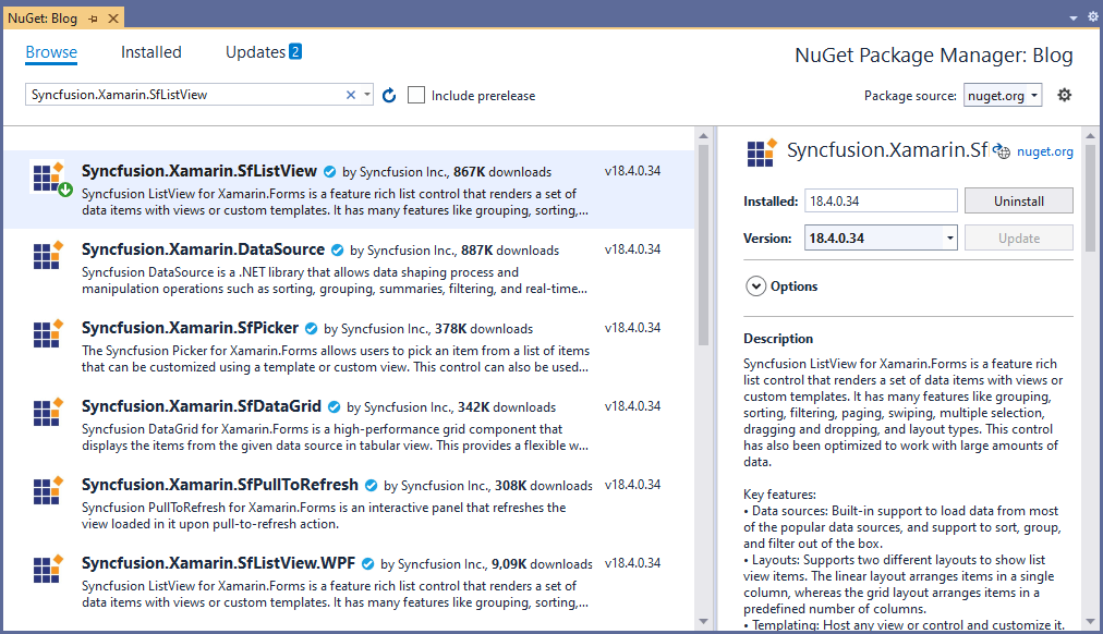 Install Syncfusion.Xamarin.SfListView Plugin